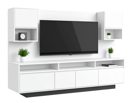 Wall-mounted media unit, white lacquer finish, transparent background 