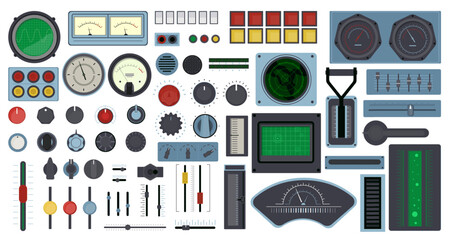 Retro control panel elements. Spaceship buttons, screens and dials, vintage analog dashboard isolated indicators and scales, speed interface and radar graphic, cockpit qualitative vector set