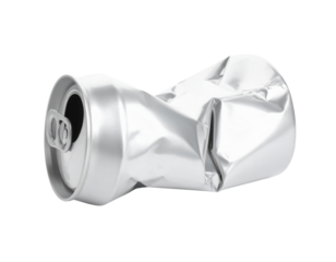 A crushed aluminum can, crumpled and dented, showcasing its metallic surface and distinctive pull-tab design.