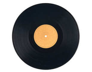 A classic black vinyl record with a central label, showcasing its circular shape and grooves.
