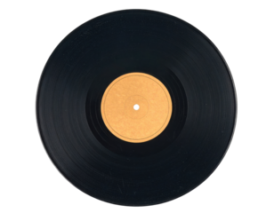A classic black vinyl record with a central label, showcasing its circular shape and grooves.