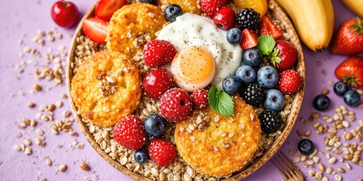 Healthy Morning Meal Featuring Oatmeal, Corn Balls, and Fruits on Pastel Background