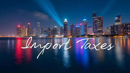 Miami Skyline with 'Import Taxes' and Flag Reflection
