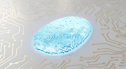 Glowing Blue Digital Fingerprint Scan Overlaid on White Surface with Circuit Board Pattern Data Security