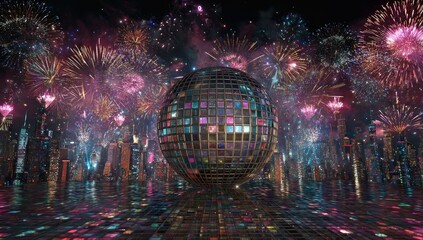 A futuristic disco ball in a city, fireworks explode