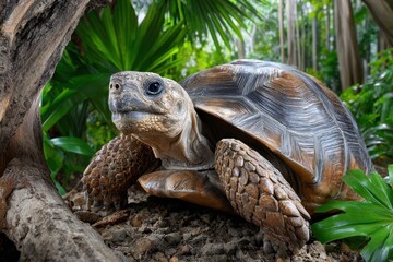 Obraz premium Turtle resting among tropical plants in a lush natural environment