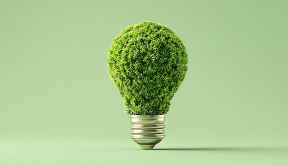 3D render of a green light bulb made from small grass, isolated on a soft Green Background