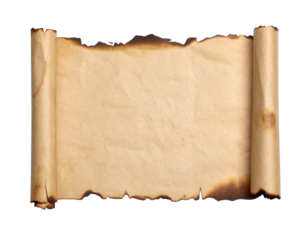 An aged, rolled parchment with burnt edges, showcasing a textured surface that evokes a sense of antiquity.