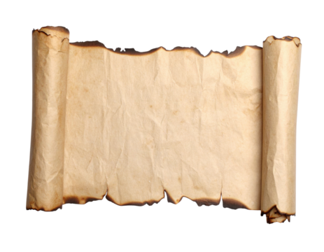 An aged parchment scroll with uneven edges and slight burn marks, displaying an antique and historical appearance.