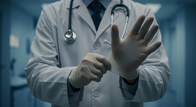 Male doctor in a white lab coat with a stethoscope preparing for a medical examination or surgery by wearing sterile gloves.