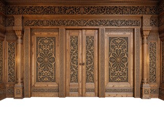 Fototapeta premium Ornate Wooden Door Cliparts, Detailed Carvings, White Background