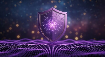 Cybersecurity Shield: Abstract Purple Digital Network Protection Concept; Futuristic, Glowing Keyhole Graphic.