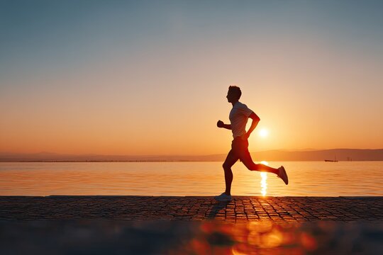 Silhouetted runner on a sunrise pier