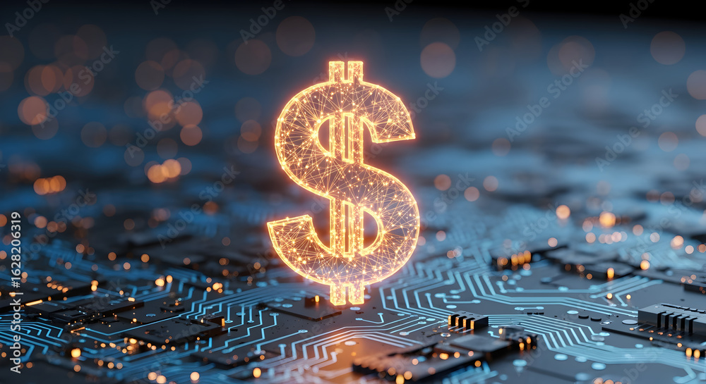 Wall mural glowing dollar sign on circuit board with bokeh lights representing digital finance and technology i