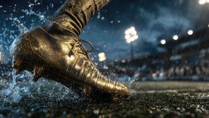 Close-up of a soccer player's foot in action during a rainy game. Muddy, wet cleats splashing water on the field