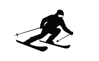 Vector art of silhouette of a skier skiing downhill on a slope, isolated on white background