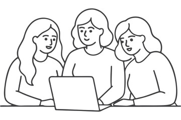 Three women collaborating on a laptop silhouette isolated on white background