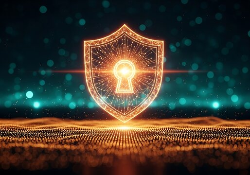 Cybersecurity Shield:  Abstract Digital Network Security Concept, Glowing Keyhole,  Dark Teal Background.