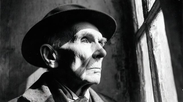 Portrait of elderly man looking through window - Powered by Adobe