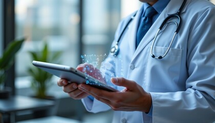 doctor using a digital tablet with AI healthcare Telemedicine technology. Futuristic medical innovation with smart data analysis and neural interface