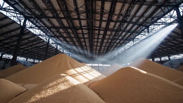 Golden sunlight filtering through warehouse windows, highlighting massive grain piles stacked beneath metal rafters, showcasing agricultural storage and preservation methods