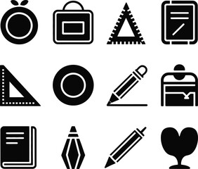 Assorted Black Icons for Education and Objects ruler triangle ruler