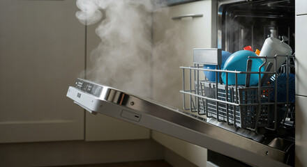 Dishwasher releasing steam with dishes loaded inside open door. Kitchen appliance for household cleaning and automated dishwashing convenience