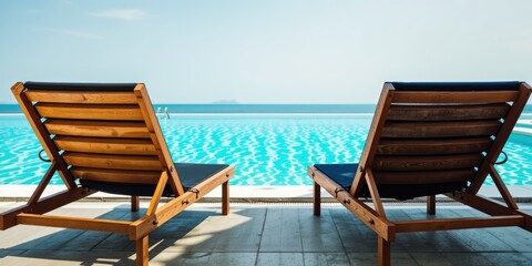 Obraz premium Sun-Kissed Poolside Retreat: Wooden Lounge Chairs