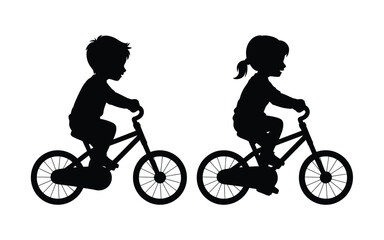 Fototapeta premium Vector art of silhouette of a boy and girl riding bicycles isolated on white background