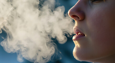 Person exhaling white vapor smoke from mouth in close-up profile view. Smoking and vaping habit for addiction awareness and health campaign content
