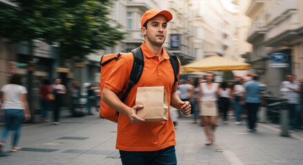 Delivery man running with package through city street. Fast courier service for online shopping and express shipping logistics