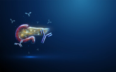 Human pancreas with flying antibodies. Concept of autoimmune pancreatitis, type 1 diabetes, immunotherapy, monoclonal antibody treatment