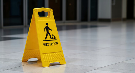 Yellow wet floor warning sign on polished tile surface. Safety caution for slip prevention and workplace accident protection