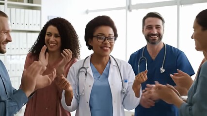 Smiling doctor and team applaud, celebrating success in bright, modern medical setting