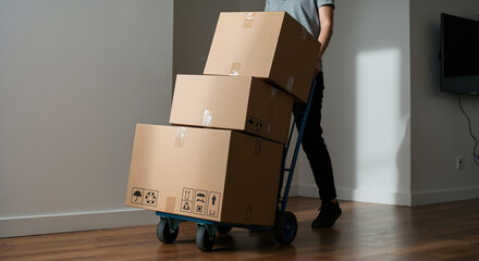Person pushing hand truck loaded with cardboard boxes in apartment hallway. Moving services and delivery logistics for relocation and shipping business