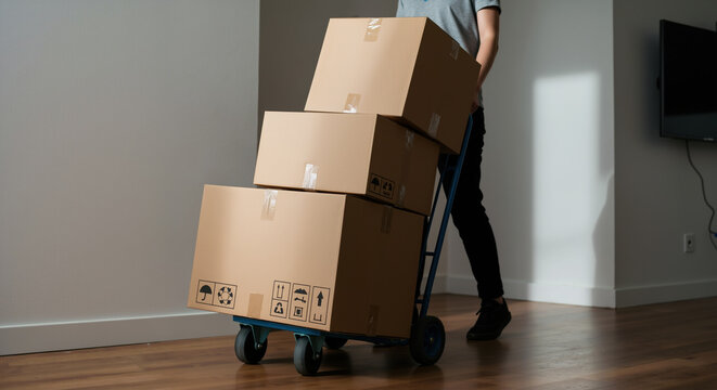 Person pushing hand truck loaded with cardboard boxes in apartment hallway. Moving services and delivery logistics for relocation and shipping business