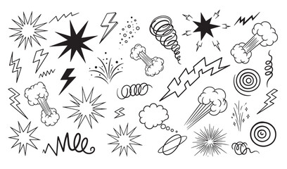 Hand drawn set of comic book explosion effects and various design elements vector art