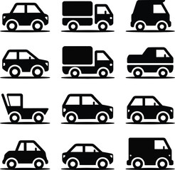 Collection of Black Car and Truck Icons on White Background vehicle automobile