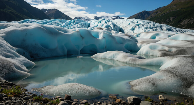 Massive glacier ice field with blue crevasses and mountain peaks under cloudy sky. Arctic wilderness and climate research for environmental science and adventure travel