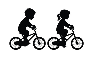 Fototapeta premium Vector art of silhouette of a boy and a girl riding bicycles isolated on white background