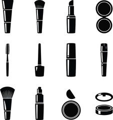 Collection of Black Makeup and Beauty Product Icons on White cosmetic lipstick