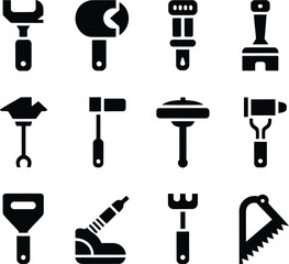 Collection of Black Tool Icons on White Background hardware implement