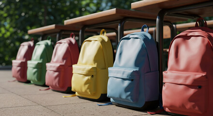 Colorful school backpacks lined up on wooden bench in outdoor setting. Back to school supplies and student accessories for education and retail promotion