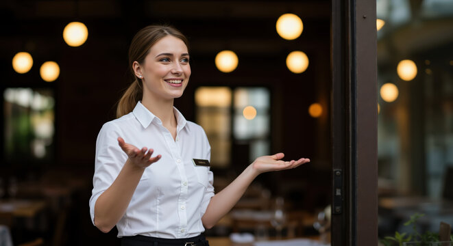 Woman server welcoming guests with open arms at restaurant entrance. Hospitality service for dining establishment and customer greeting experience