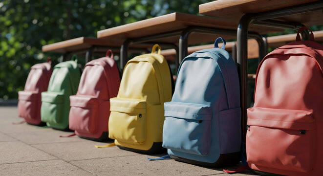Colorful school backpacks lined up on wooden bench in outdoor setting. Back to school supplies and student accessories for education and retail promotion