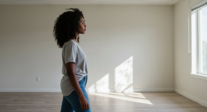 African American woman standing in empty room looking out window with natural light. Real estate for home buying and residential property viewing