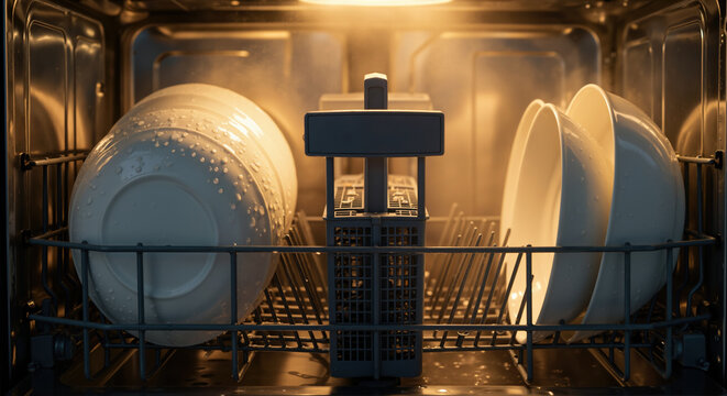 Clean dishes and plates arranged in dishwasher interior with warm lighting. Kitchen appliance and household cleaning for domestic hygiene and home maintenance