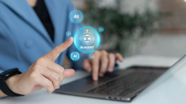 Hand touching AI agent chatbot icon on digital interface, symbolizing artificial intelligence assistant, virtual support system, and smart automation in business services.