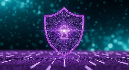 Cybersecurity Shield: Abstract Purple Circuit Board Keyhole Protection Concept, Futuristic Digital Security, Teal Bokeh Background