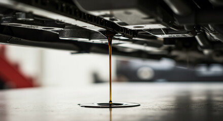 Motor oil dripping from car engine during maintenance service. Automotive repair for vehicle lubrication and mechanical inspection